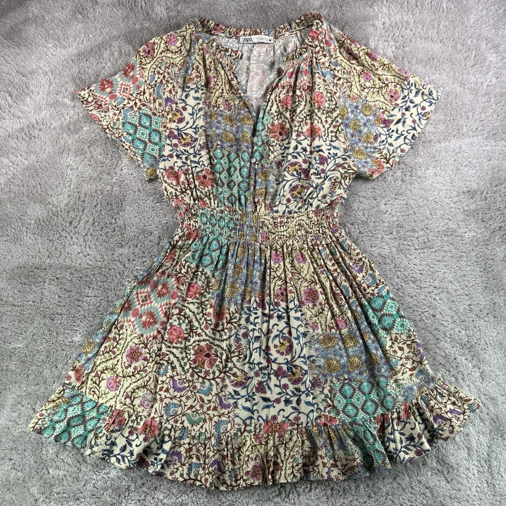 Zara Womens XS Floral Patchwork Mini Dress Multicolor Smocked Waist Boho Viscose